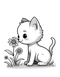 kitten sniffing flowers