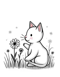 kitten sniffing flowers