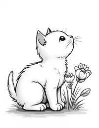 kitten sniffing flowers