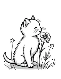 kitten sniffing flowers