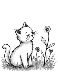 kitten sniffing flowers