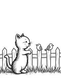 kitten watching birds from a fence coloring pages