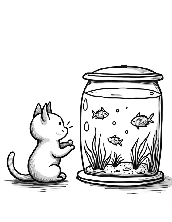 kitten watching fish in an aquarium