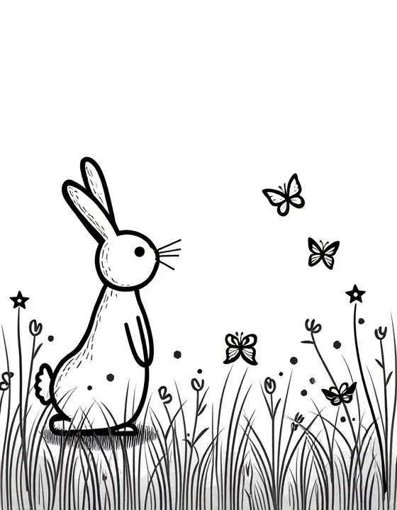 rabbit chasing butterflies in a flower field