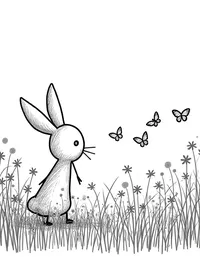 rabbit chasing butterflies in a flower field