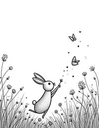 rabbit chasing butterflies in a flower field