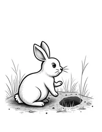 rabbit digging holes near a burrow entrance