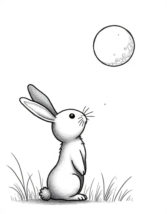 rabbit looking up at a full moon