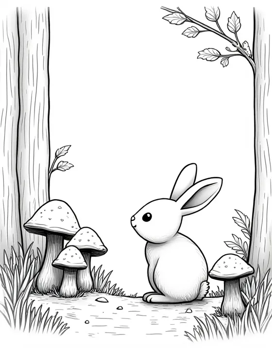 rabbit observing mushrooms in the woods