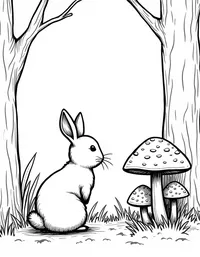 rabbit observing mushrooms in the woods