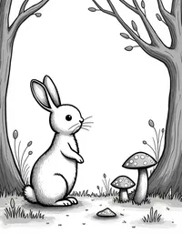 rabbit observing mushrooms in the woods