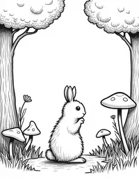 rabbit observing mushrooms in the woods