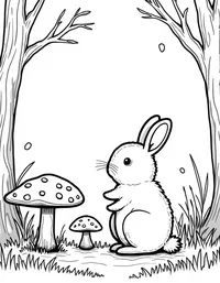 rabbit observing mushrooms in the woods