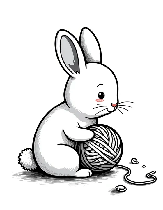 rabbit playing with a ball of yarn