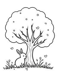 rabbit resting under a tree in spring