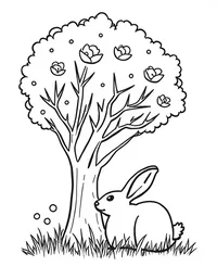 rabbit resting under a tree in spring