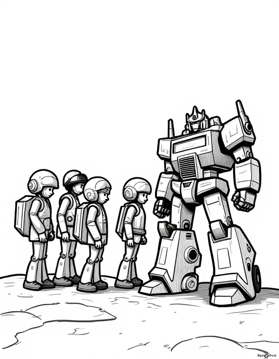 transformers leading a group of explorers