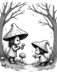 trolls harvesting mushrooms in misty woods