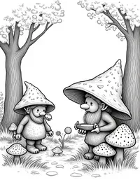 trolls harvesting mushrooms in misty woods