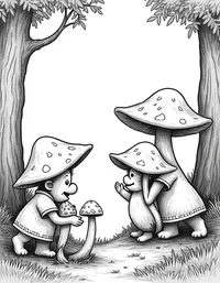 trolls harvesting mushrooms in misty woods