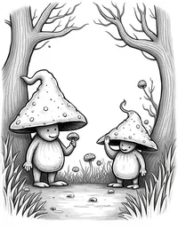 trolls harvesting mushrooms in misty woods