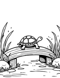 turtle crossing a wooden bridge